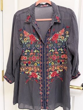 Johnny Was Gray Jacket Label with Red Logo